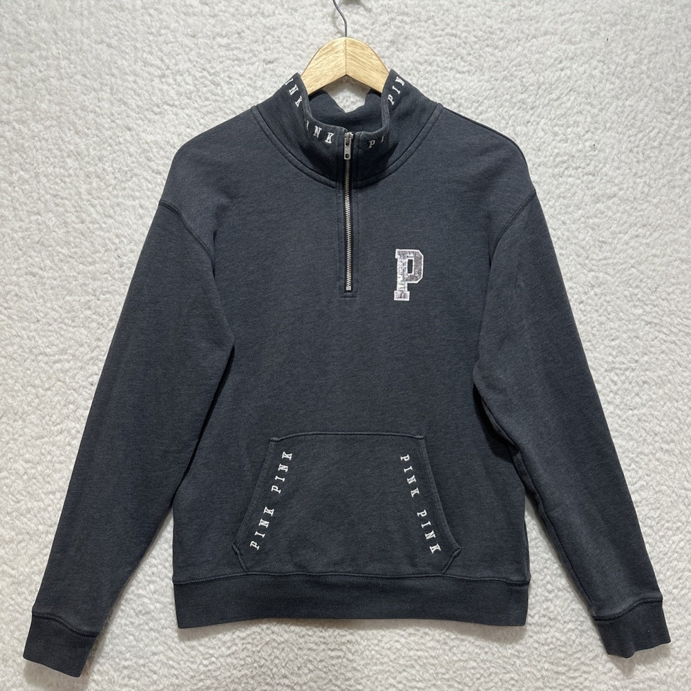 PINK VS Pullover Women's Size S Gray Quarter Zip‎ Bling Long Sleeve Varsity